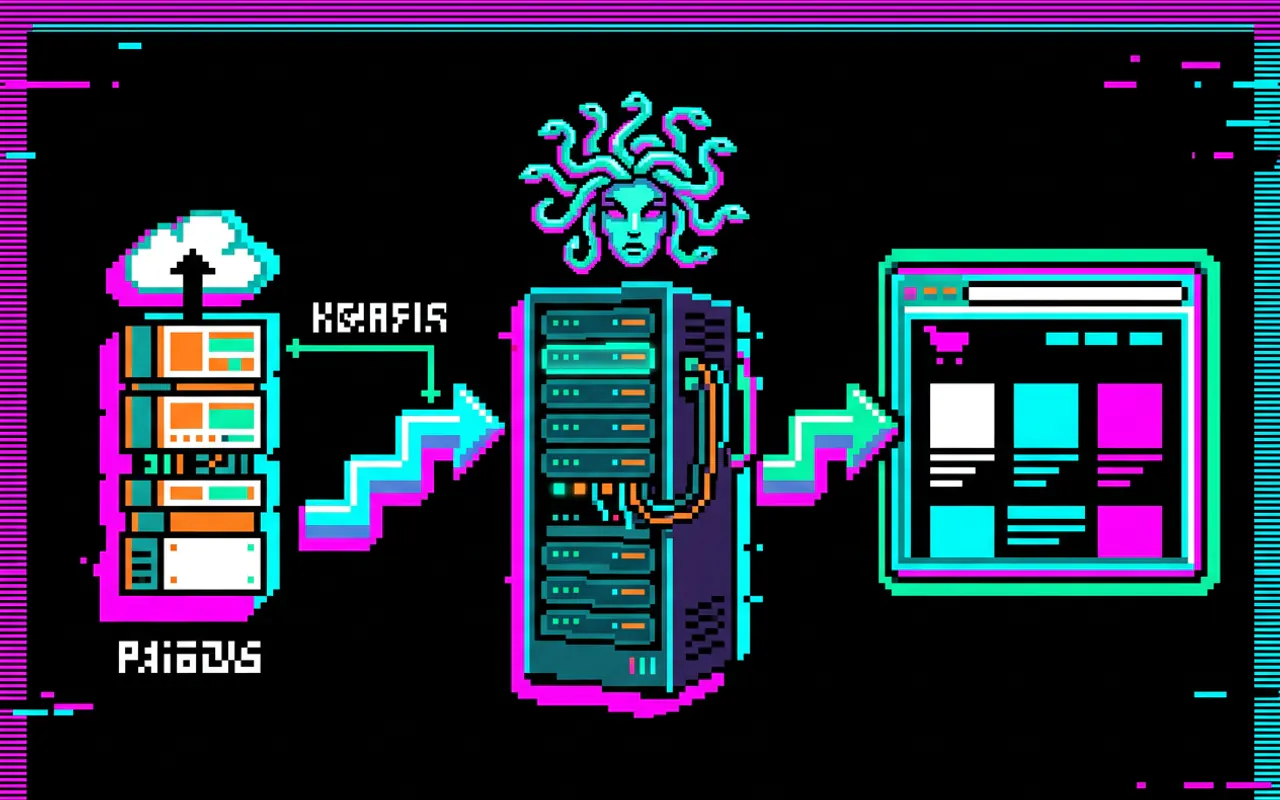 Εικονογράφηση pixel art της ροής δεδομένων: ράφια με εγγραφές αριστερά, ένας server με κεφάλι Μέδουσας στο κέντρο και ένα παράθυρο καταστήματος δεξιά, με βέλη να δείχνουν προς τα δεξιά