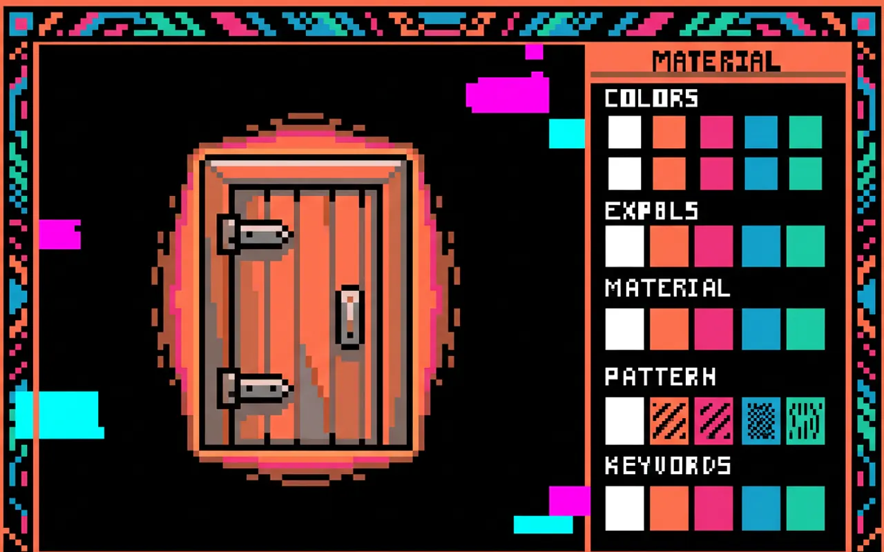 Εικονογράφηση pixel art διαμορφωτή πόρτας: μια θωρακισμένη πόρτα με χερούλι και σύρτες αριστερά, και δεξιά πλαϊνή στήλη με παλέτες για χρώμα, υλικό και μοτίβο