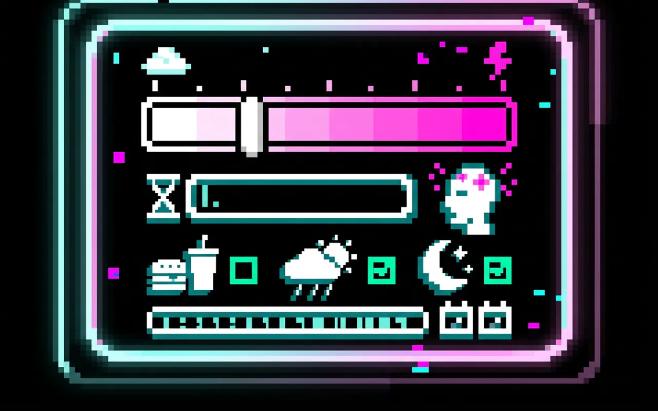 Εικονογράφηση pixel art της οθόνης καταγραφής: μπάρα έντασης, πεδίο διάρκειας, εικονίδια για φαγητό, καιρό και ύπνο με επιλογές, και λωρίδα ημερομηνιών