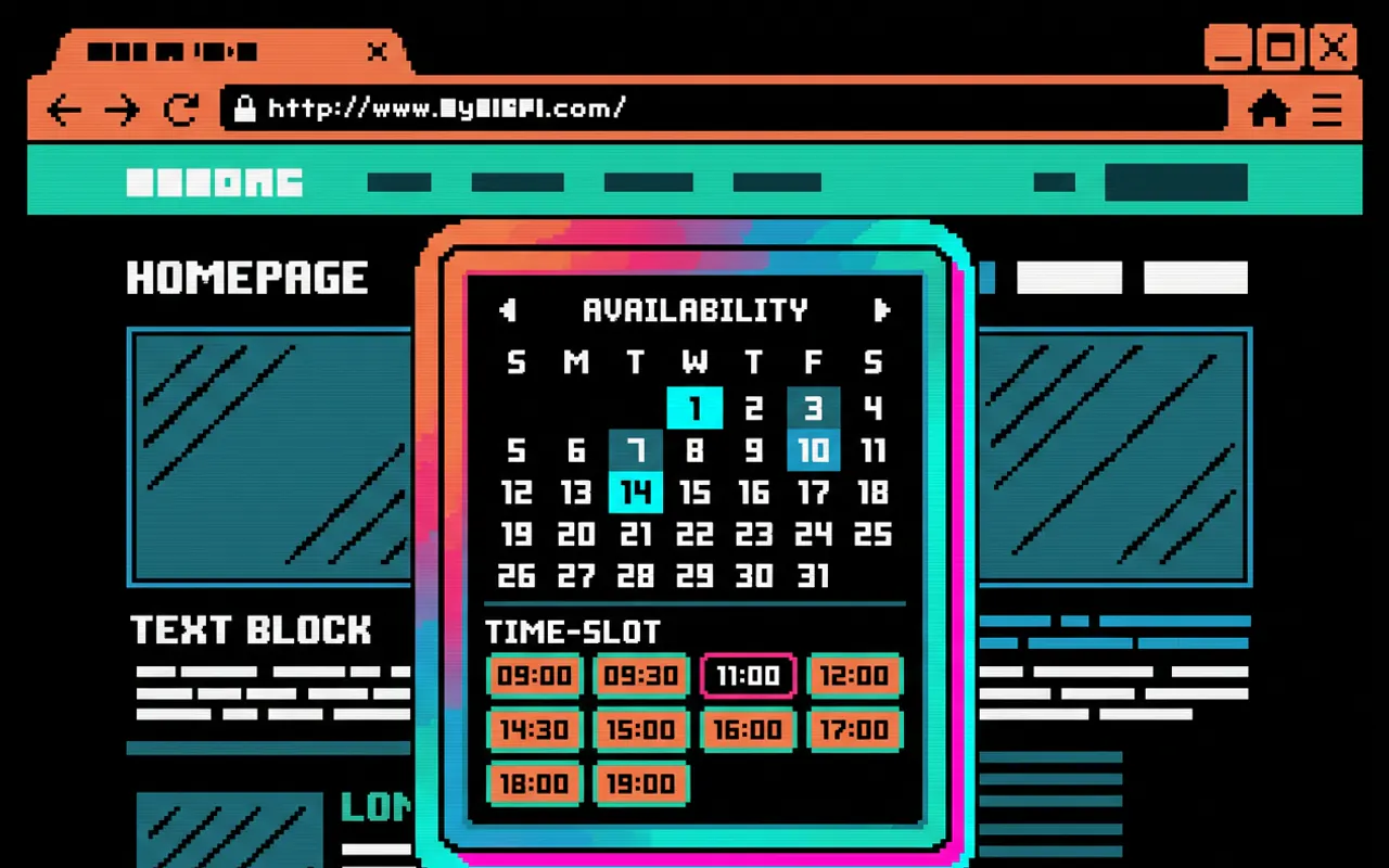 Εικονογράφηση pixel art: το widget κρατήσεων πάνω από μια απλή αρχική σελίδα επιχείρησης, με ένα μήνα διαθεσιμότητας και μια σειρά από ώρες