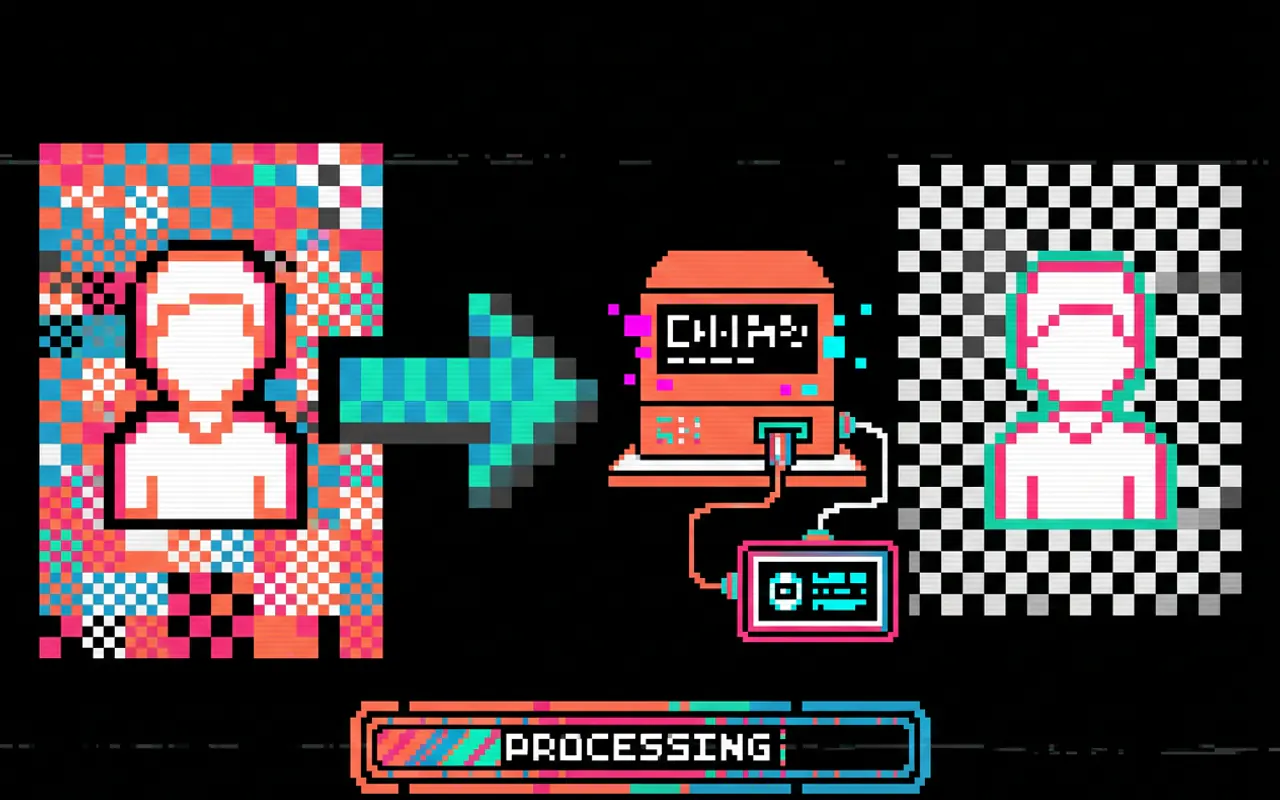 Εικονογράφηση pixel art: αριστερά μια φιγούρα πάνω σε θορυβώδες φόντο, στο κέντρο ένας υπολογιστής που επεξεργάζεται, και δεξιά η ίδια φιγούρα πάνω σε διαφανές σκακιέρα