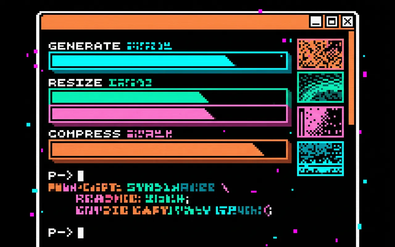 Εικονογράφηση pixel art: παράθυρο terminal με τρεις μπάρες προόδου για δημιουργία, αλλαγή μεγέθους και συμπίεση, και μικρογραφίες εικόνων στο πλάι
