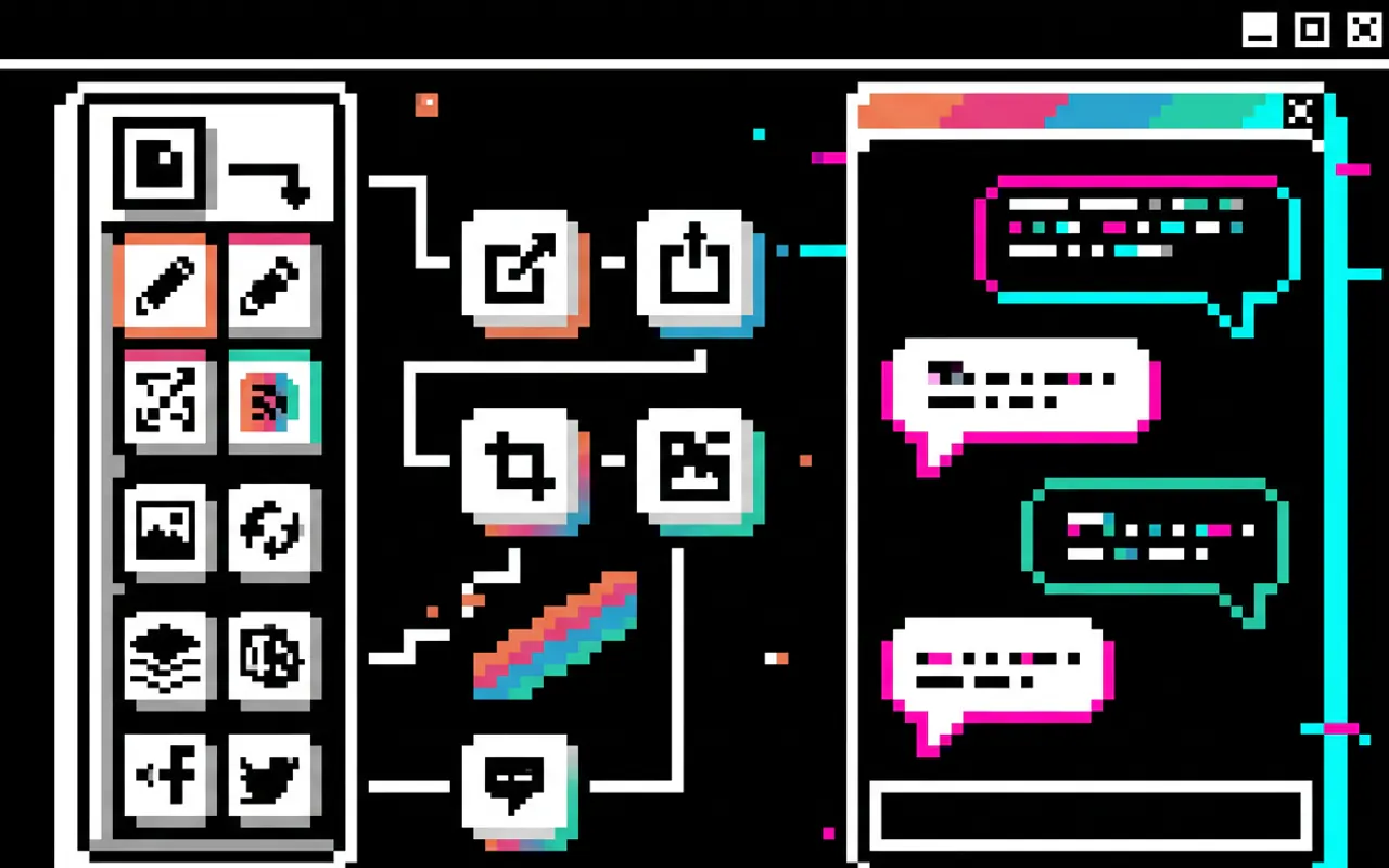 Εικονογράφηση pixel art: παλέτα εργαλείων εικόνας αριστερά, ένα διάγραμμα που τα συνδέει σε αλυσίδα στο κέντρο, και δεξιά ένα παράθυρο συνομιλίας