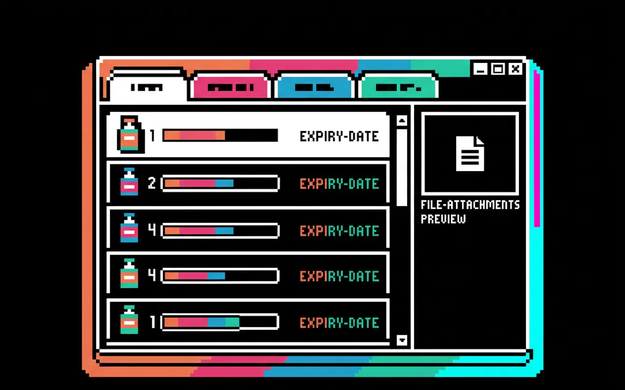 Σχεδιαστικό mockup σε pixel art για τη διαχείριση αποθήκης: λίστα ειδών με ποσότητες, μπάρες και ημερομηνίες λήξης, και προεπισκόπηση συνημμένων στο πλάι